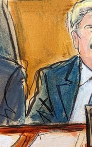A court sketch showing Trump and his lawyer watching the video screen as Stormy Daniels testified in court. 